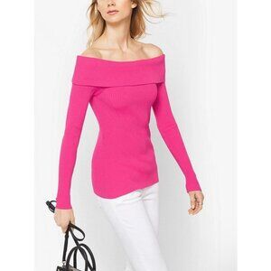 Michael Kors Ribbed Off the Shoulder Top Electric Pink Size S Knit Sweater